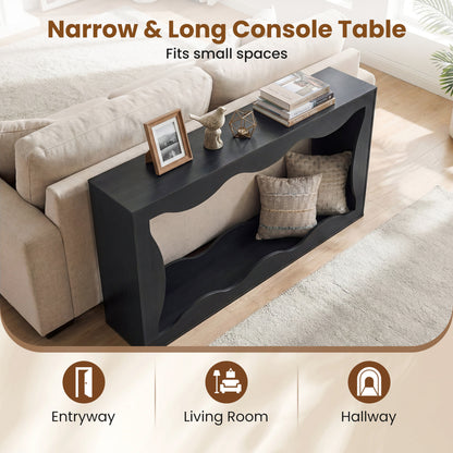 63 Inch Console Table 2-Tier Narrow Entryway Table with Wavy Edge Storage Shelf