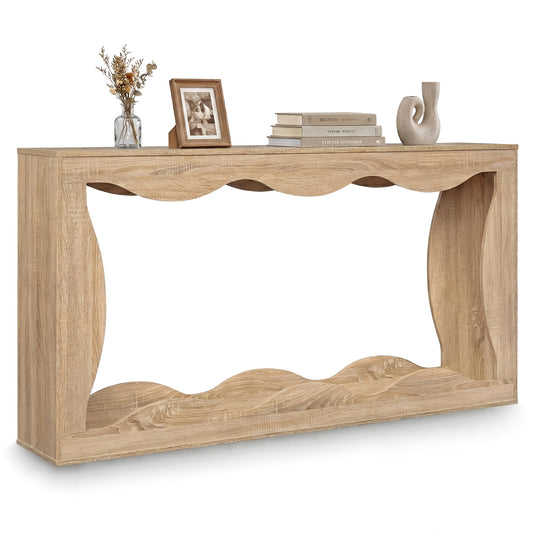 63 Inch Console Table 2-Tier Narrow Entryway Table with Wavy Edge Storage Shelf