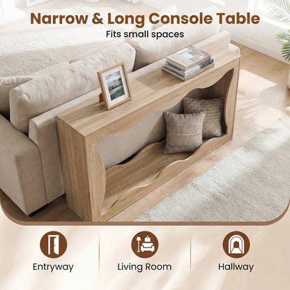 63 Inch Console Table 2-Tier Narrow Entryway Table with Wavy Edge Storage Shelf