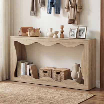 63 Inch Console Table 2-Tier Narrow Entryway Table with Wavy Edge Storage Shelf