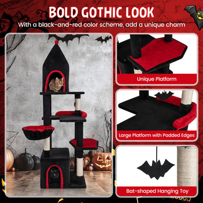 63 Inch Gothic Cat Tree with Condo and Top Cave for Large Cats 20+ LBS