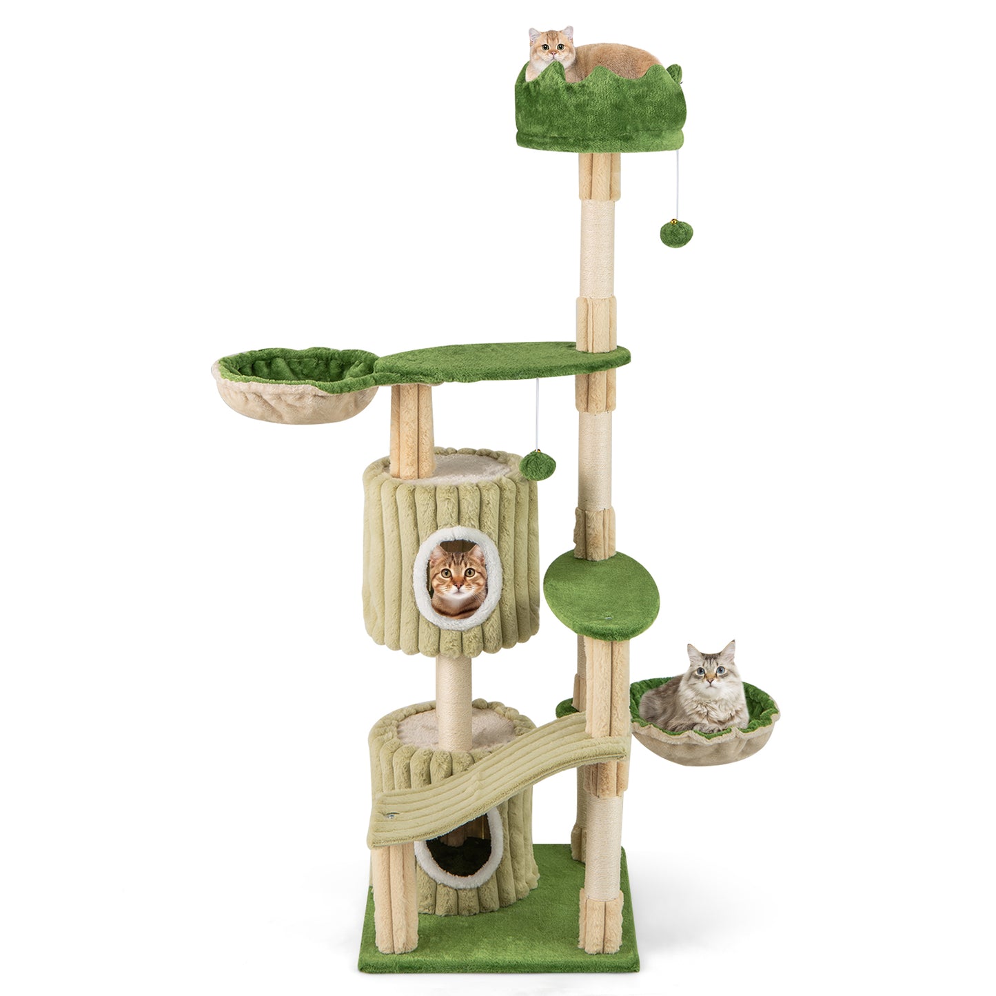 63 Inch Multi-Level Aesthetic Stripped Kitten Tower with 2 Condos-Green