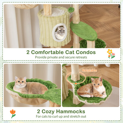 63 Inch Multi-Level Aesthetic Stripped Kitten Tower with 2 Condos-Green
