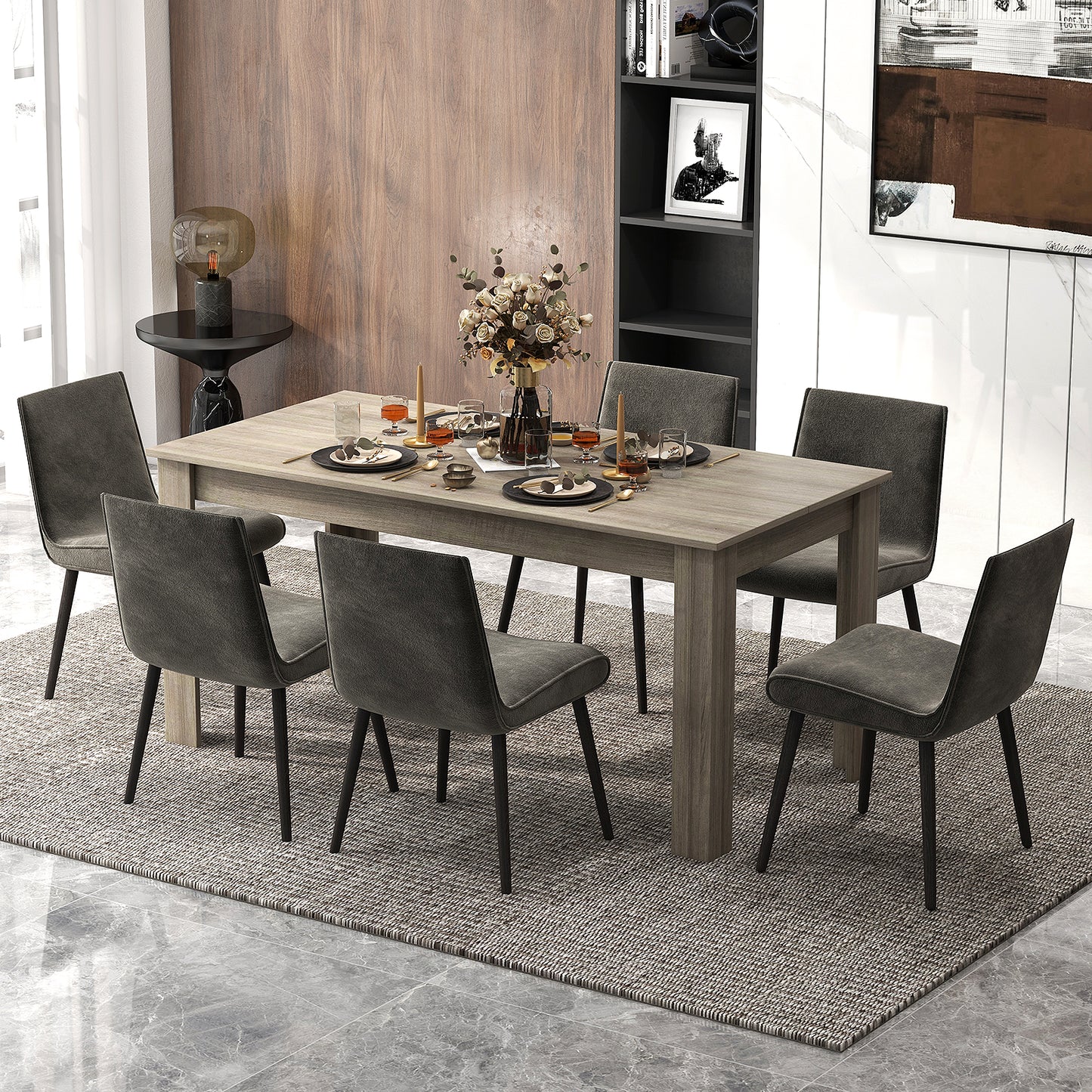 63 Inch Rectangular Modern Dining Kitchen Table-Oak - Light Gray