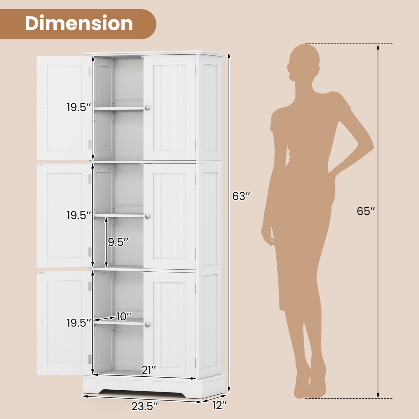 63-Inch Tall Bathroom Storage Cabinet with 6 Doors
