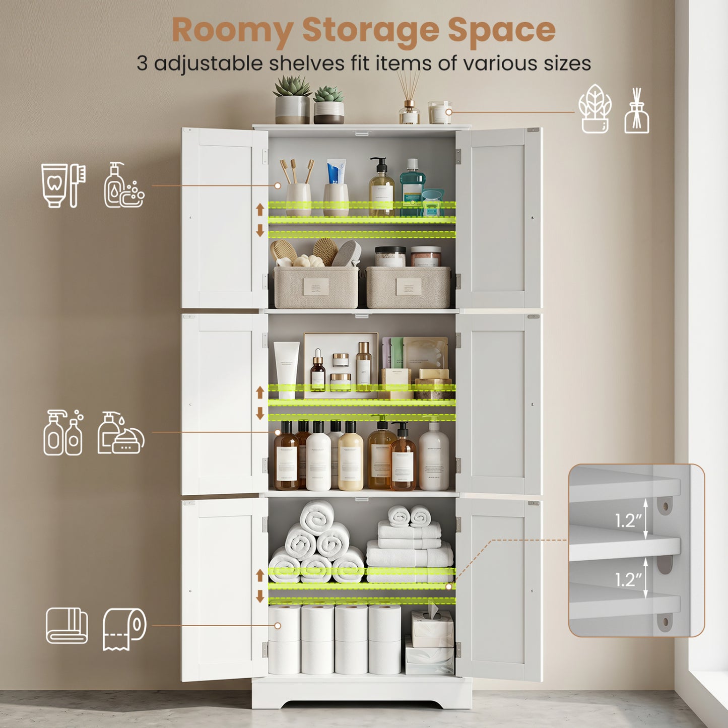 63-Inch Tall Bathroom Storage Cabinet with 6 Doors