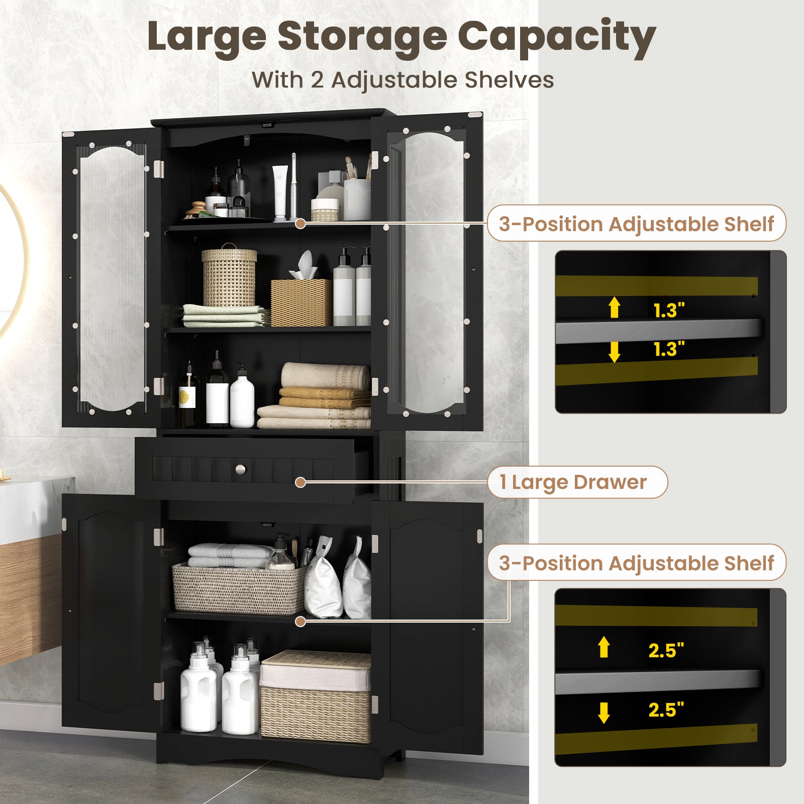 63 Inch Tall Bathroom Storage Cabinet with 2 Glass Doors and Adjustable Shelves-Black
