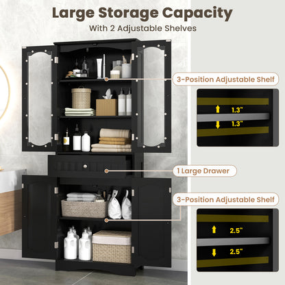 63 Inch Tall Bathroom Storage Cabinet with 2 Glass Doors and Adjustable Shelves-Black