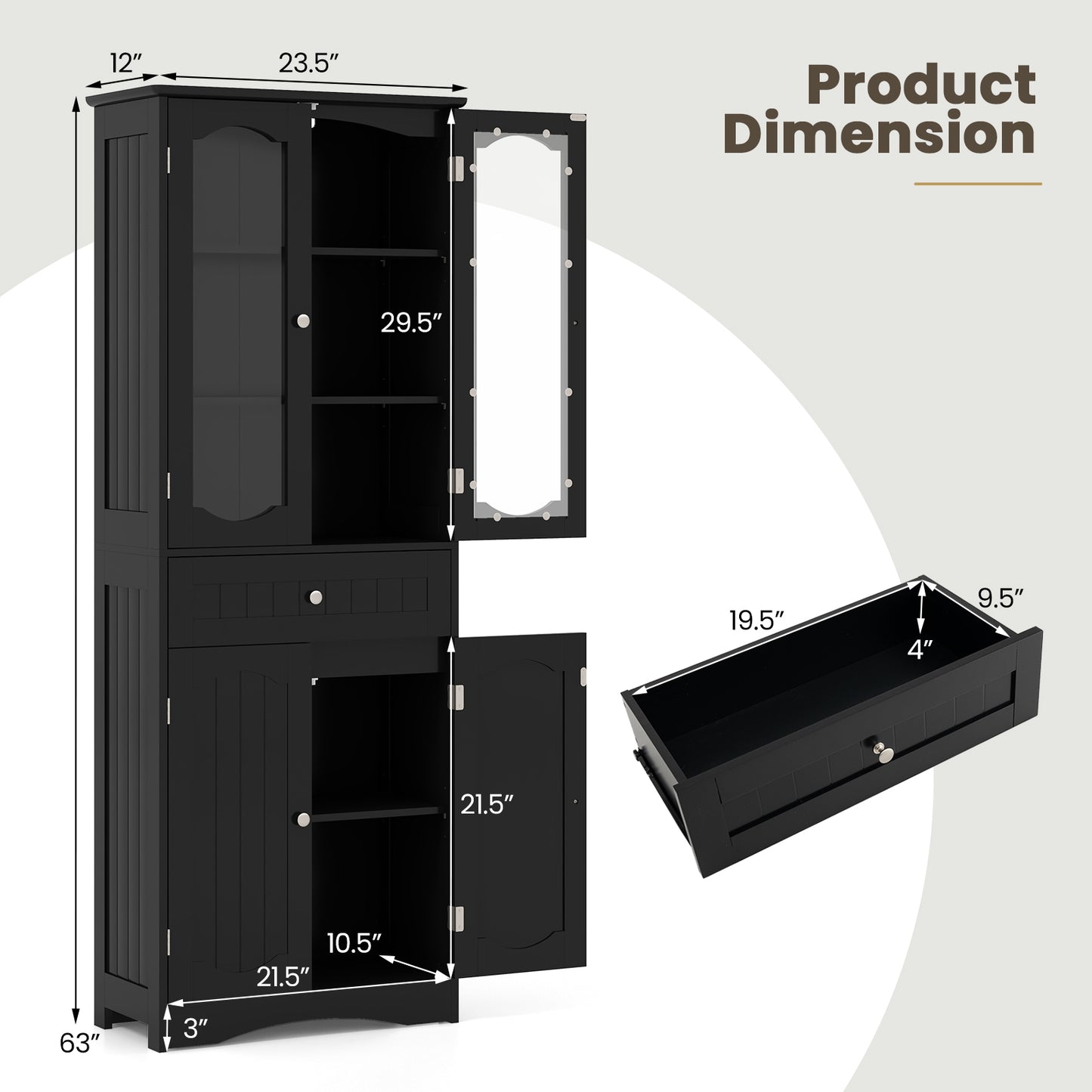 63 Inch Tall Bathroom Storage Cabinet with 2 Glass Doors and Adjustable Shelves-Black