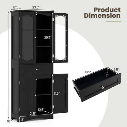 63 Inch Tall Bathroom Storage Cabinet with 2 Glass Doors and Adjustable Shelves-Black