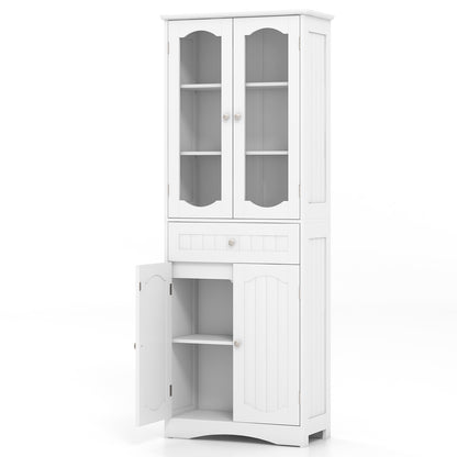 63 Inch Tall Bathroom Storage Cabinet with 2 Glass Doors and Adjustable Shelves Drawer-White