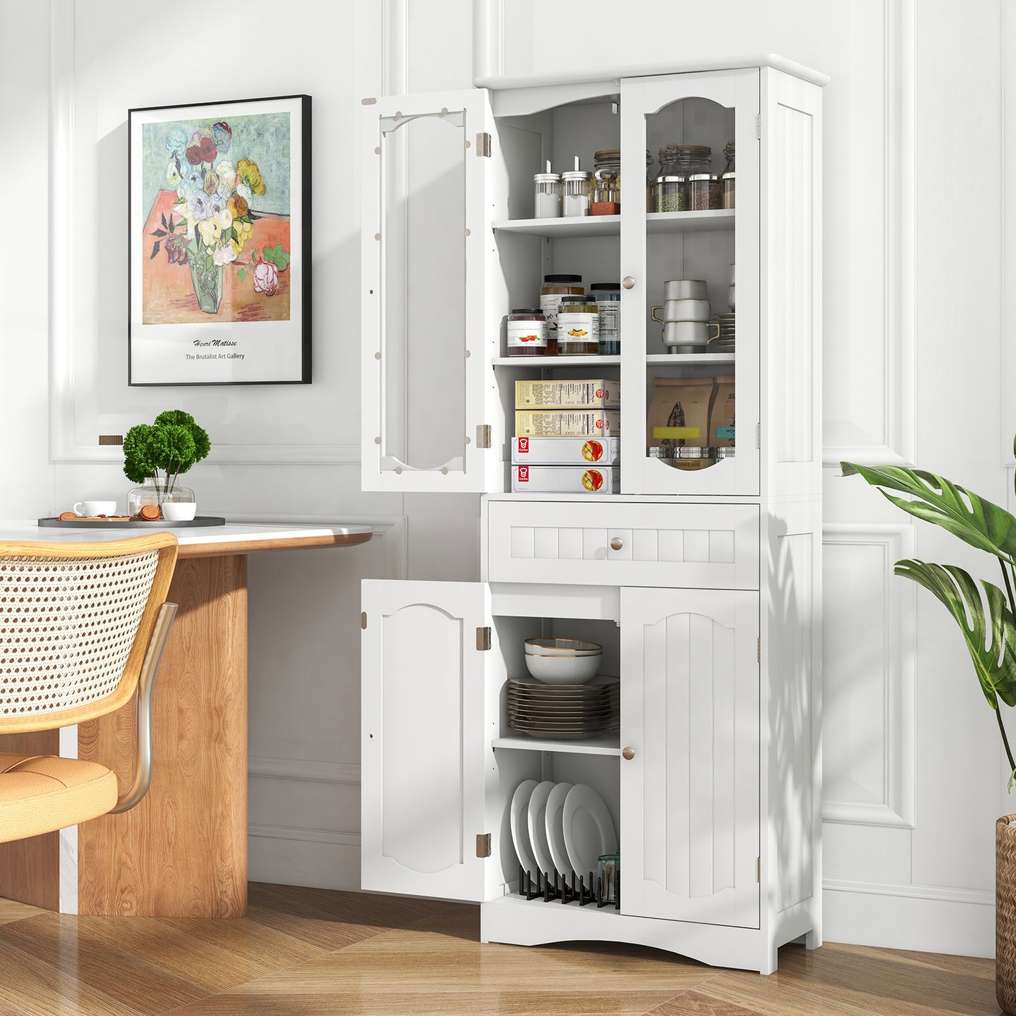 63 Inch Tall Bathroom Storage Cabinet with 2 Glass Doors and Adjustable Shelves Drawer-White