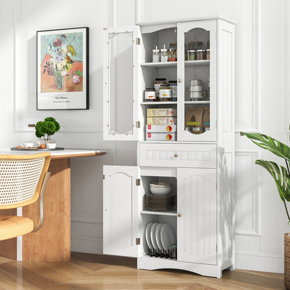 63 Inch Tall Bathroom Storage Cabinet with 2 Glass Doors and Adjustable Shelves Drawer-White