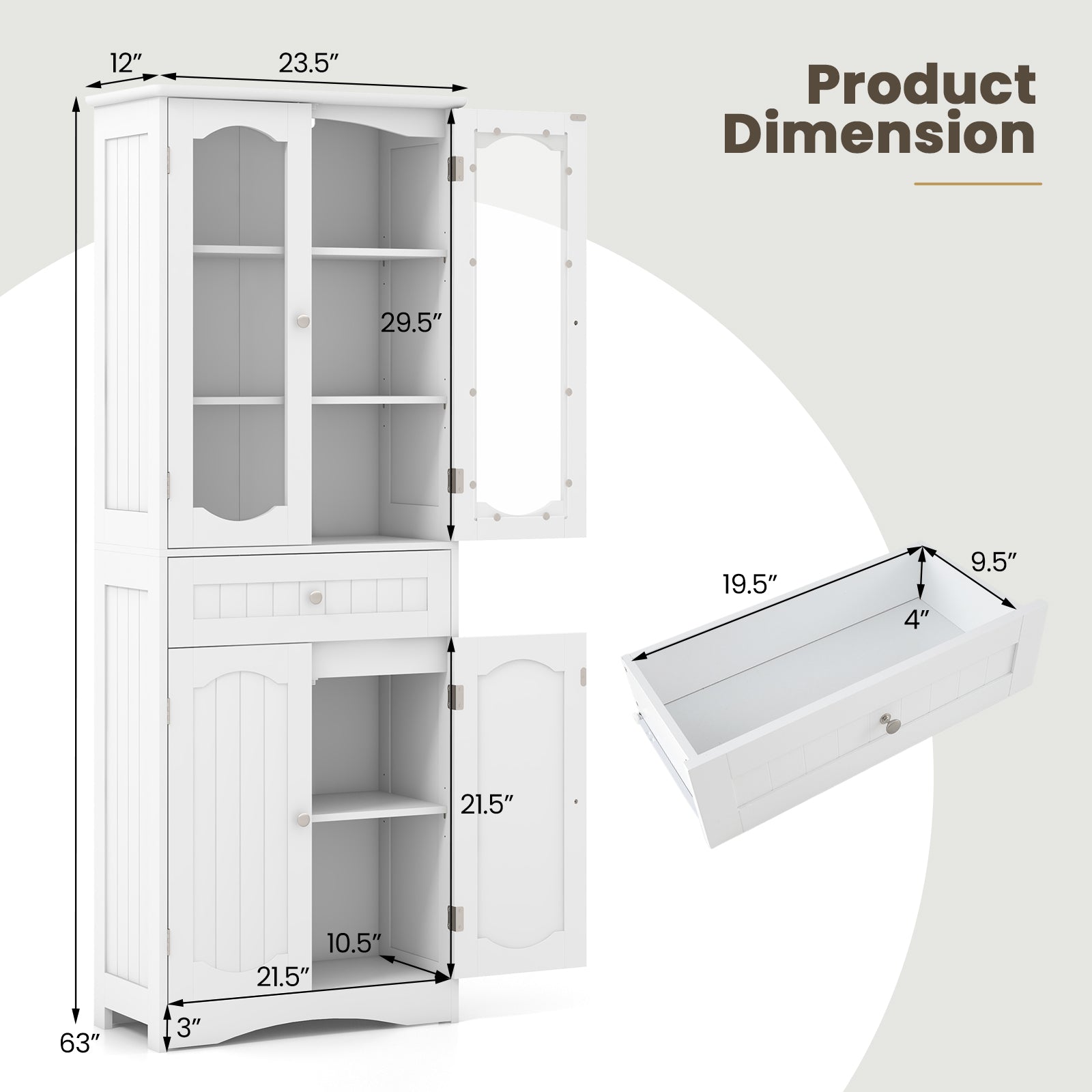 63 Inch Tall Bathroom Storage Cabinet with 2 Glass Doors and Adjustable Shelves Drawer-White
