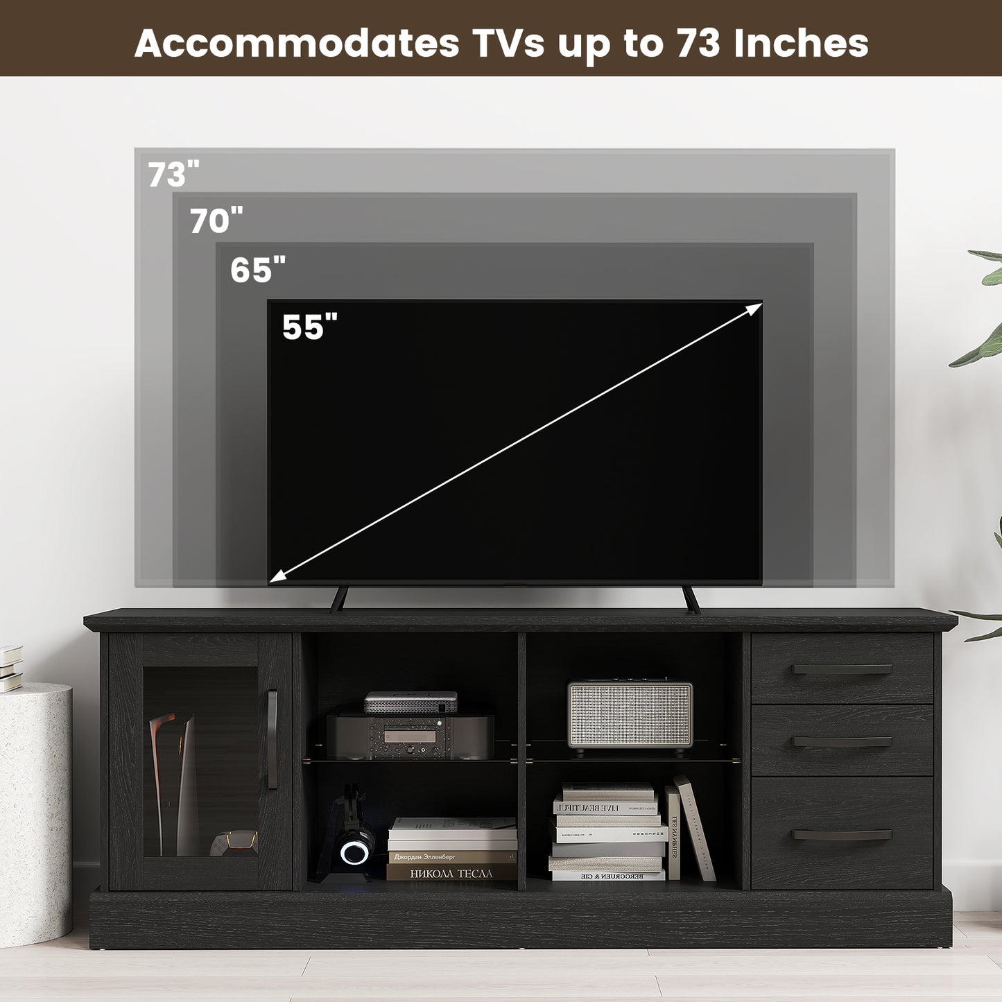 63 Inches Media Console Table with 3 Drawers and 2 Glass Shelves