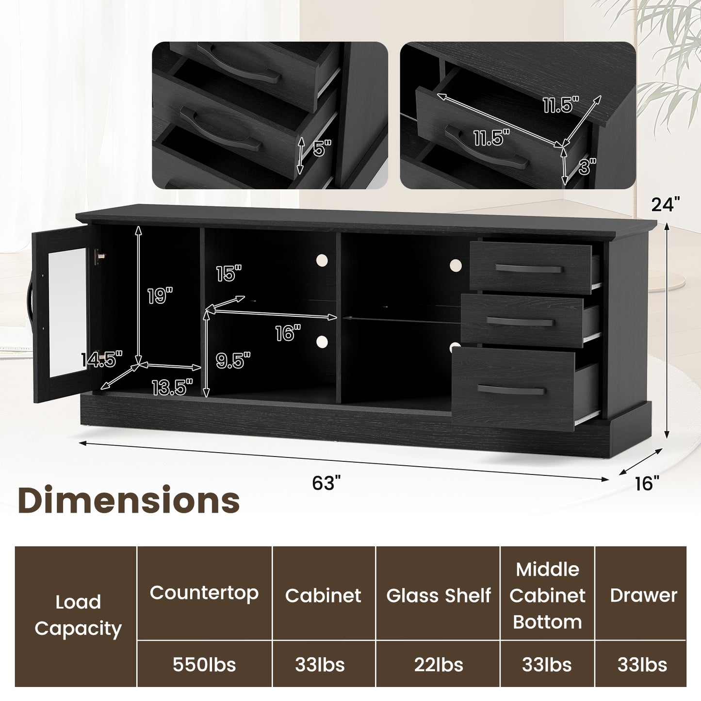 63 Inches Media Console Table with 3 Drawers and 2 Glass Shelves