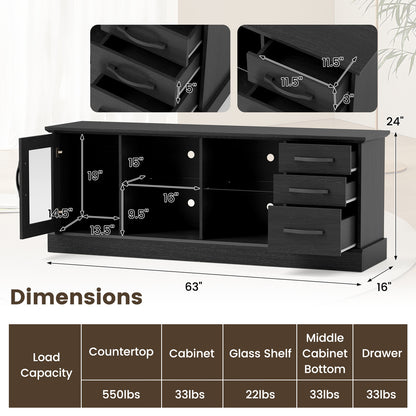 63 Inches Media Console Table with 3 Drawers and 2 Glass Shelves