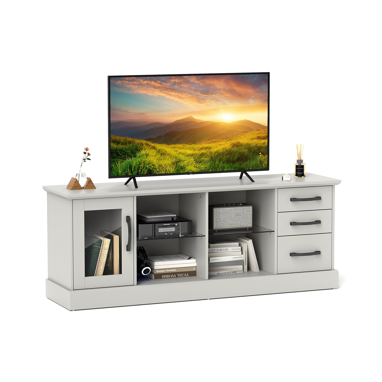 63 Inches Media Console Table with 3 Drawers and 2 Glass Shelves-Black - Gray