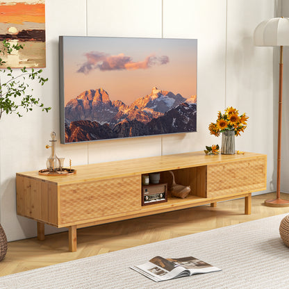 63 Inches Mid Century Modern Bamboo TV Stand with Sliding Doors-Natural