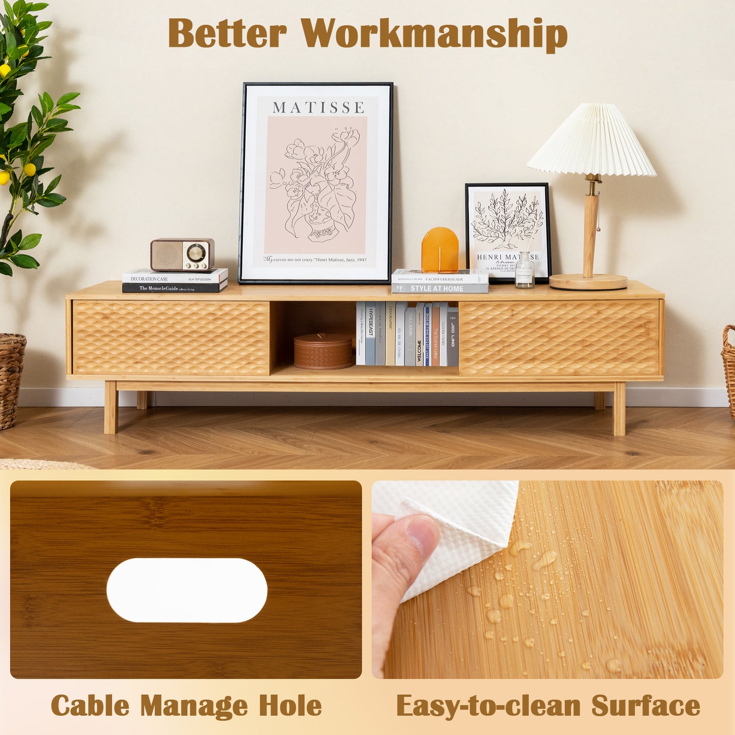 63 Inches Mid Century Modern Bamboo TV Stand with Sliding Doors-Natural