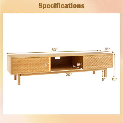 63 Inches Mid Century Modern Bamboo TV Stand with Sliding Doors-Natural