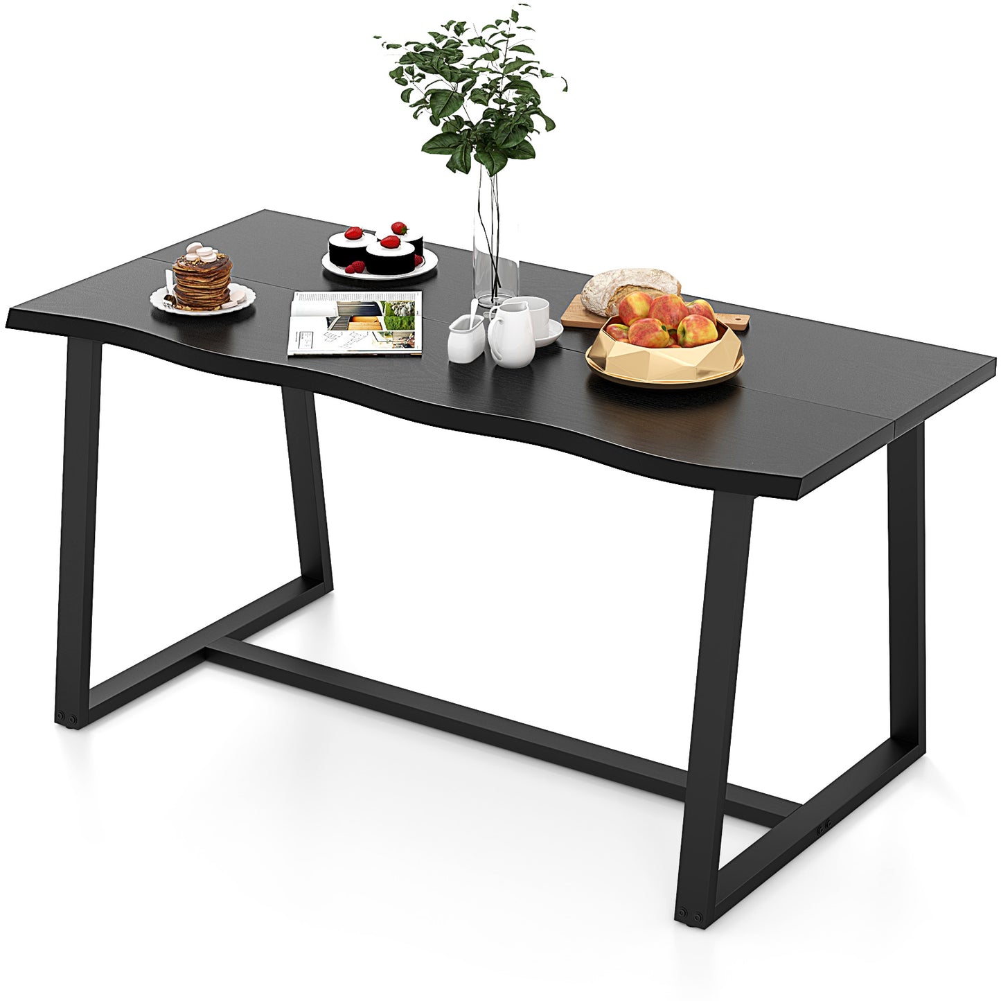 63" Large Dining Table with Wavy Edge and Heavy-duty Metal Frame-Coffee - Black