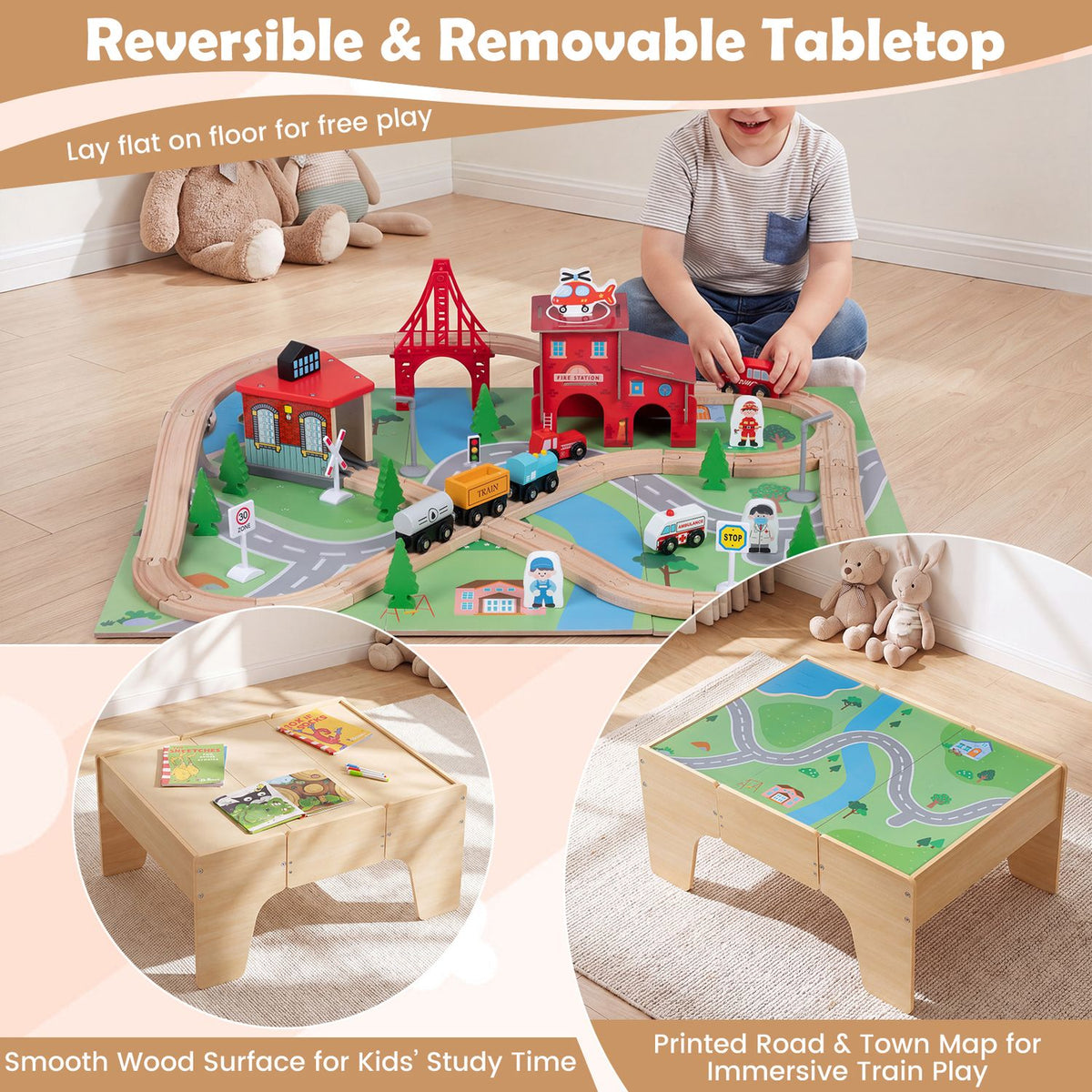 63 Piece Kids Train Table with Storage Drawer and Reversible Tabletop