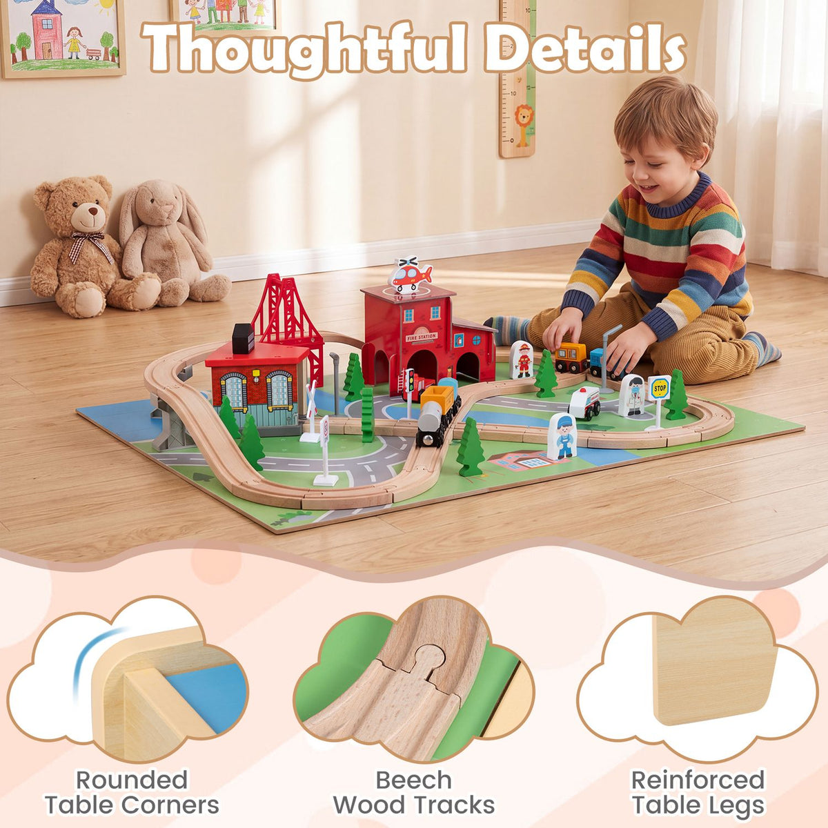 63 Piece Kids Train Table with Storage Drawer and Reversible Tabletop