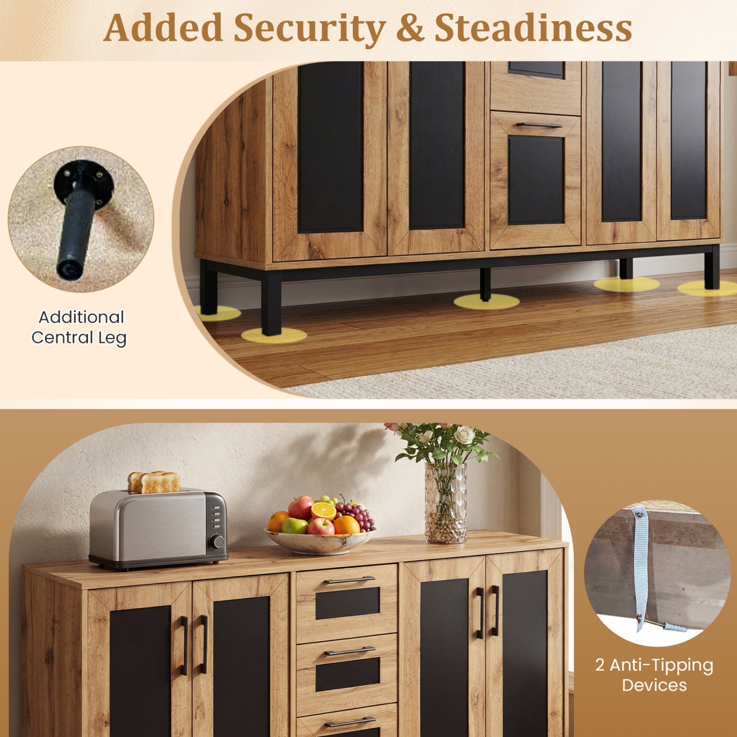 63" Sideboard Buffet Cabinet with 3 Drawers and Storage Shelves