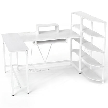 63" U-Shaped Computer Desk with Power Outlets & Bookshelf