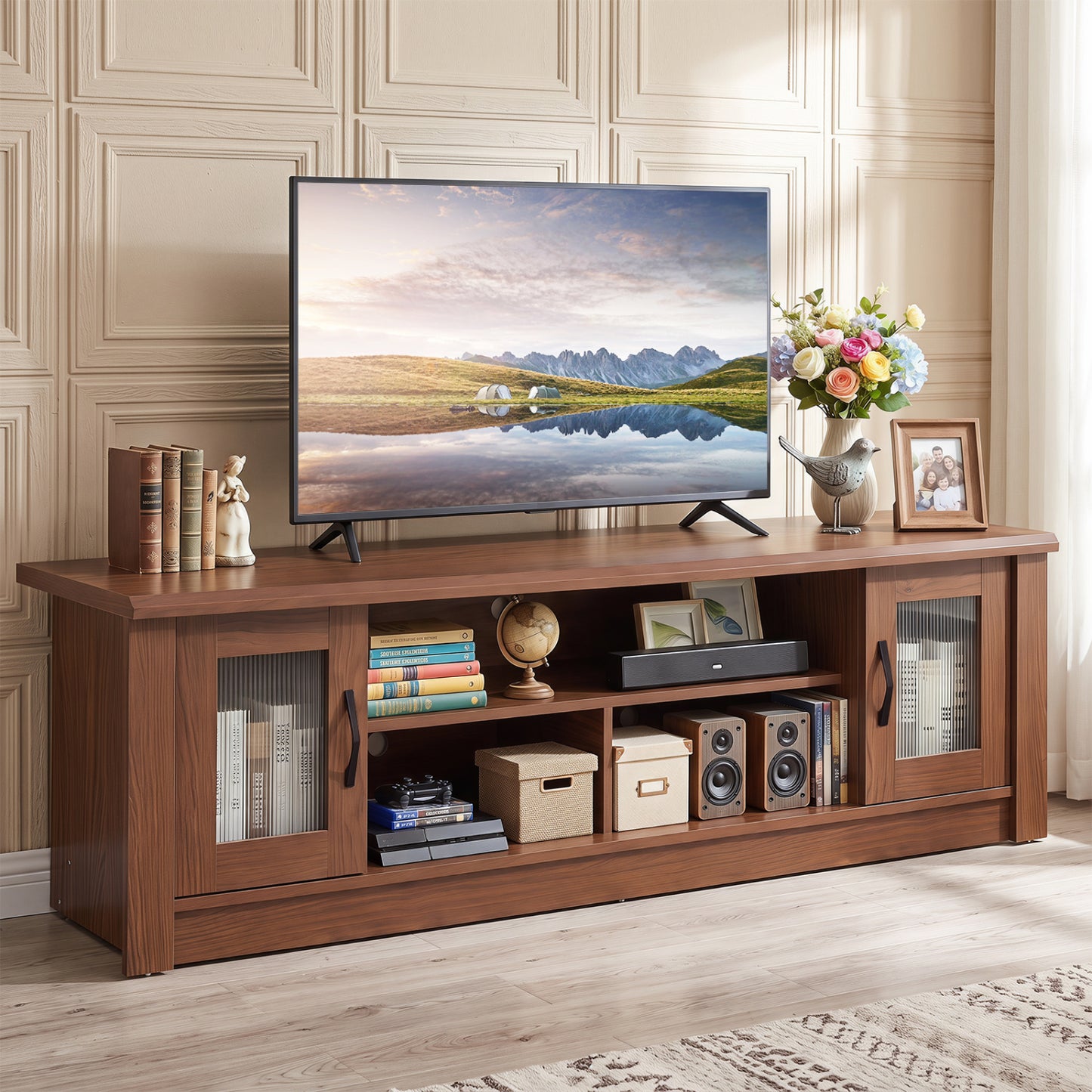 63" Farmhouse TV Stand for 70" TVs with Fluted Doors