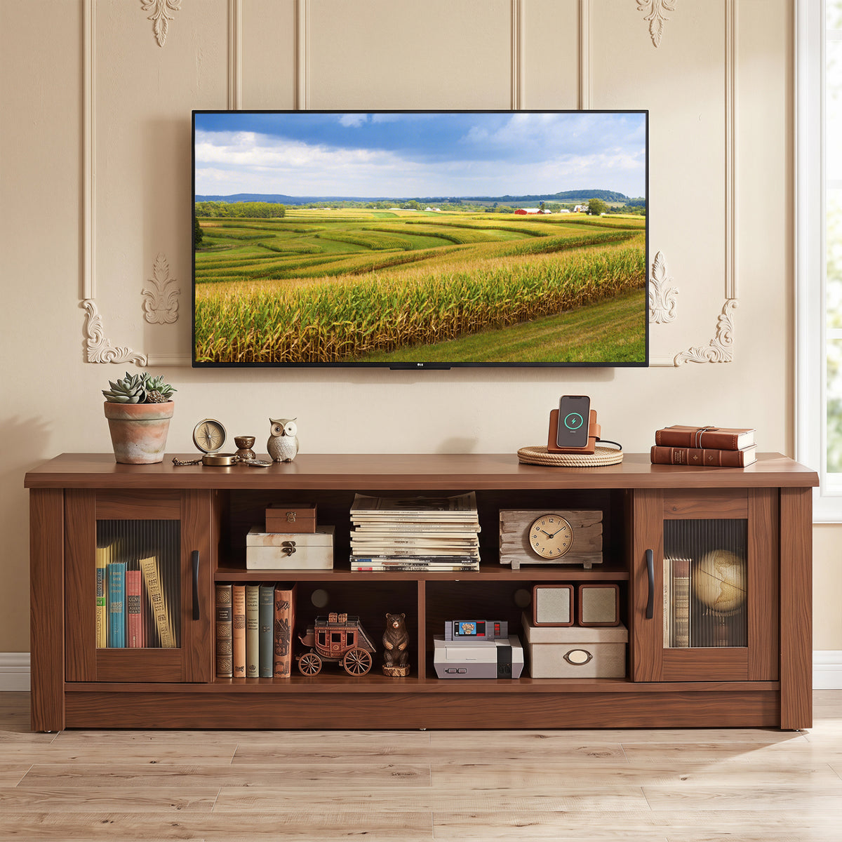63" Farmhouse TV Stand for 70" TVs with Fluted Doors