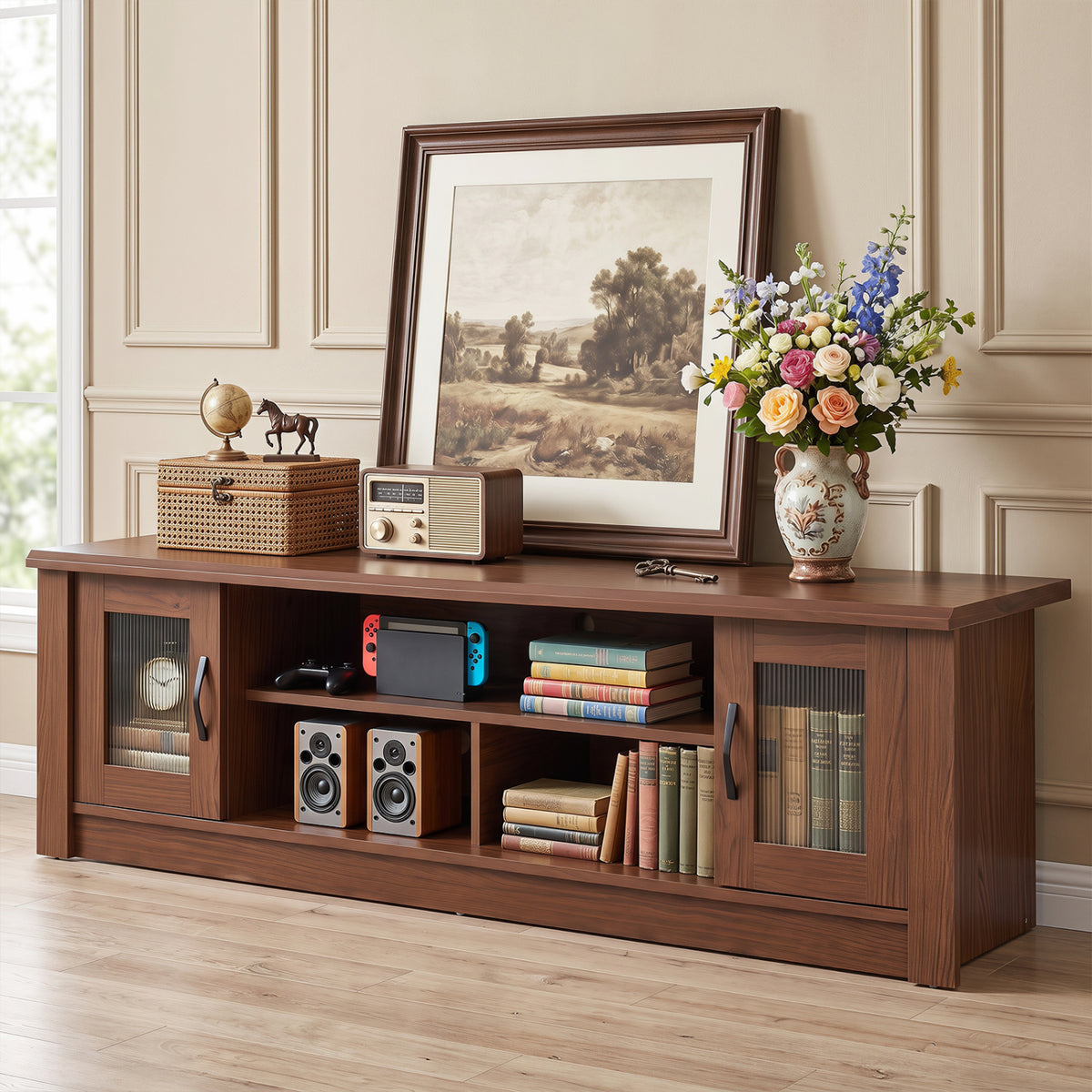 63" Farmhouse TV Stand for 70" TVs with Fluted Doors