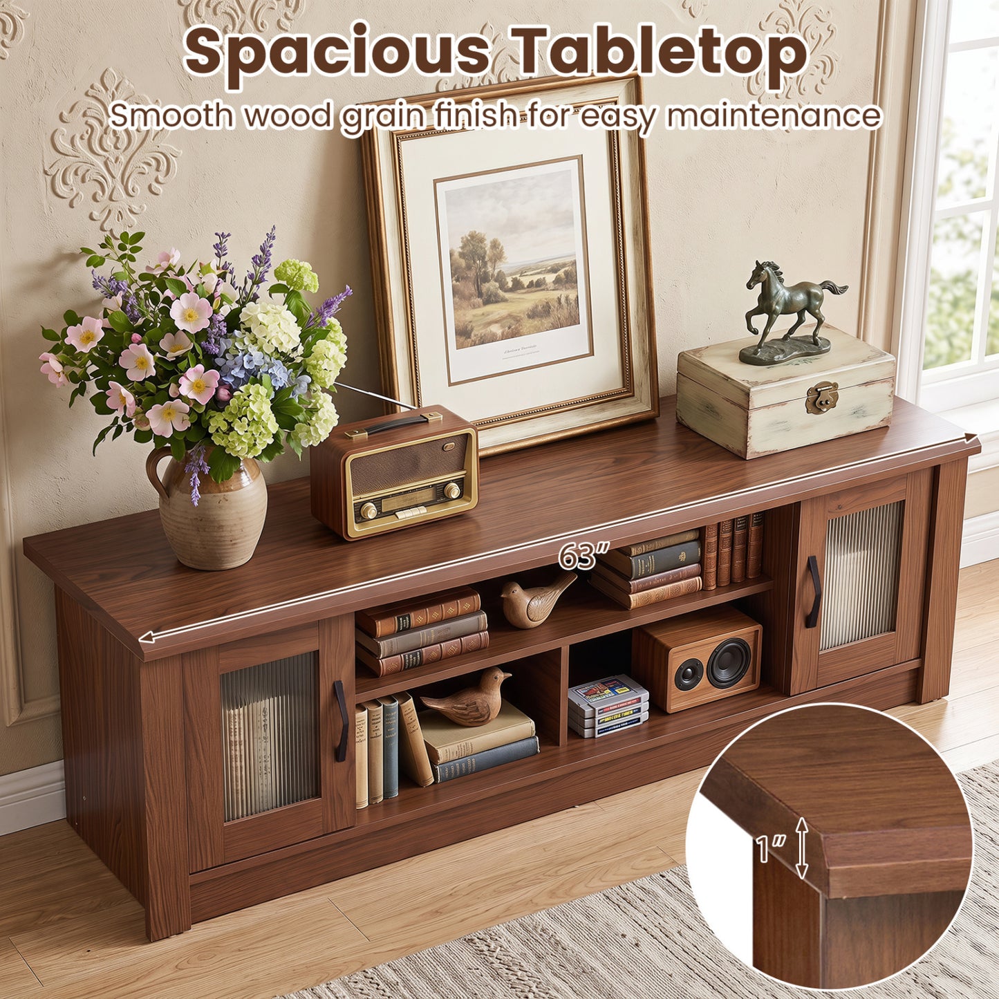 63" Farmhouse TV Stand for 70" TVs with Fluted Doors
