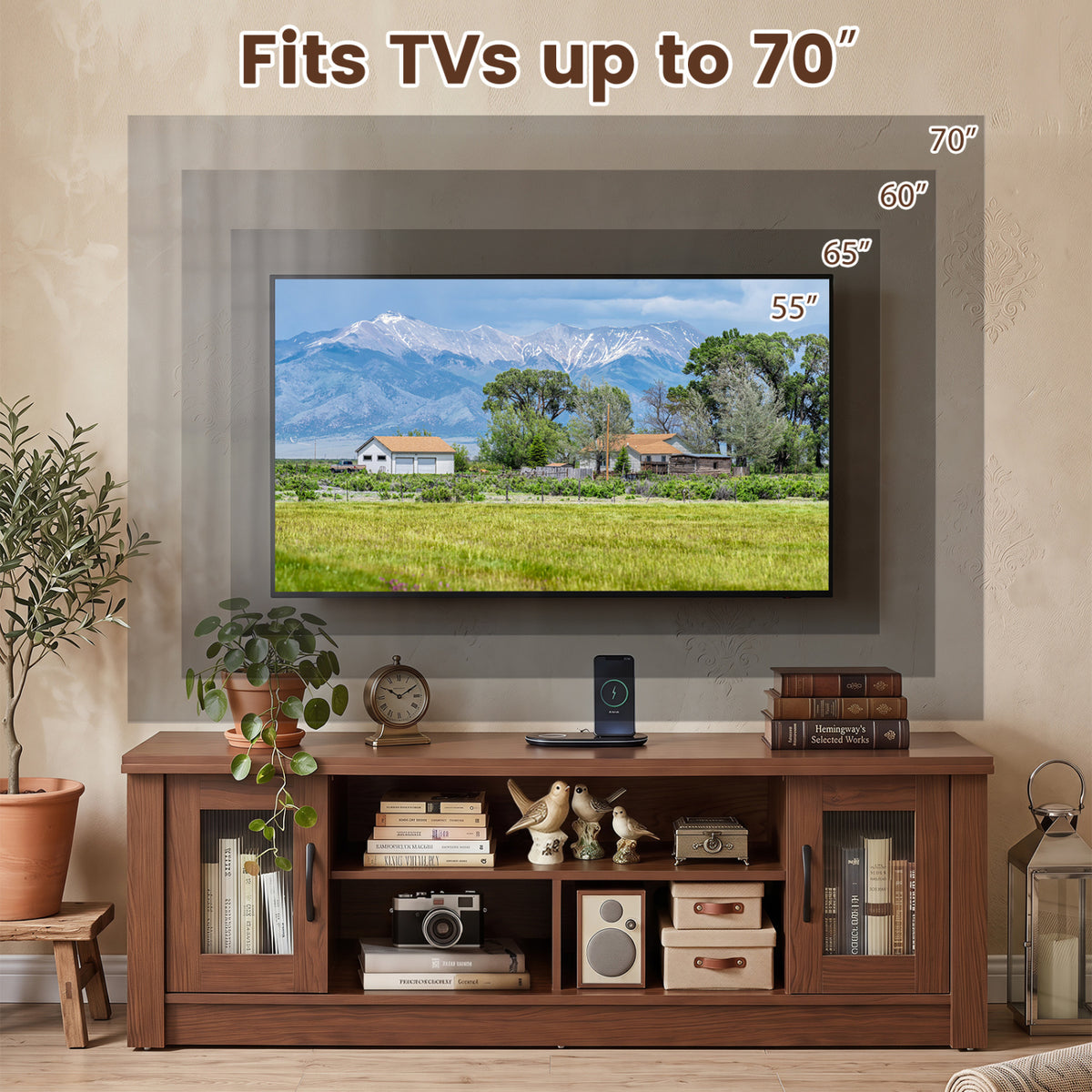 63" Farmhouse TV Stand for 70" TVs with Fluted Doors