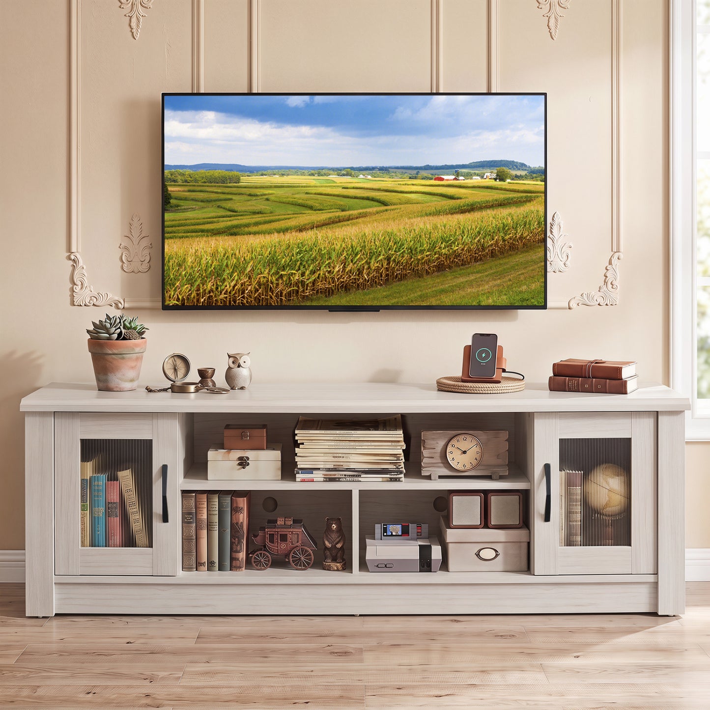 63" Farmhouse TV Stand for 70" TVs with Fluted Doors