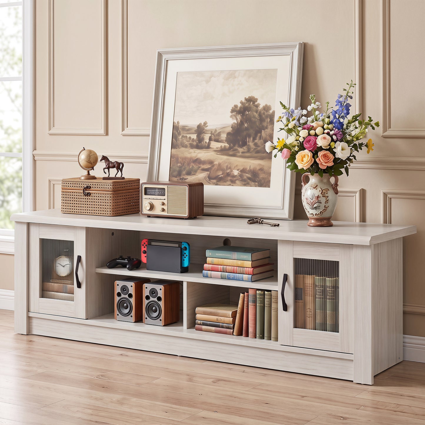 63" Farmhouse TV Stand for 70" TVs with Fluted Doors