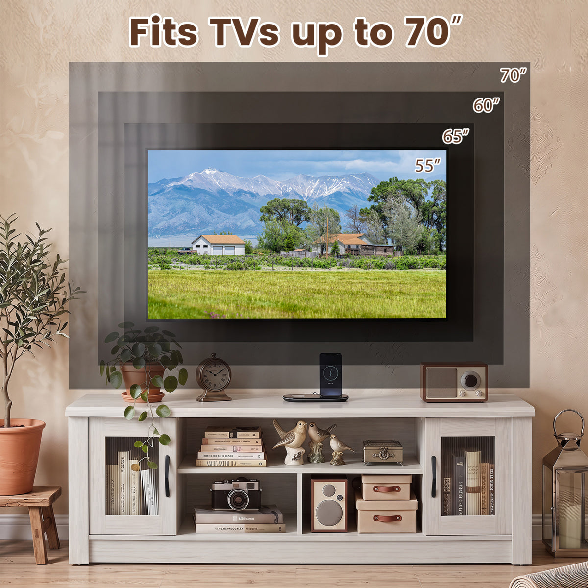 63" Farmhouse TV Stand for 70" TVs with Fluted Doors