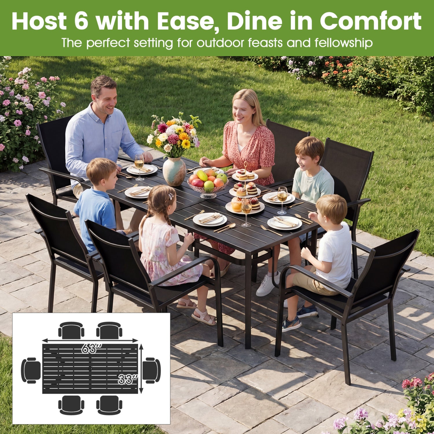 63" x 33" Rectangle Metal Patio Dining Table for 6