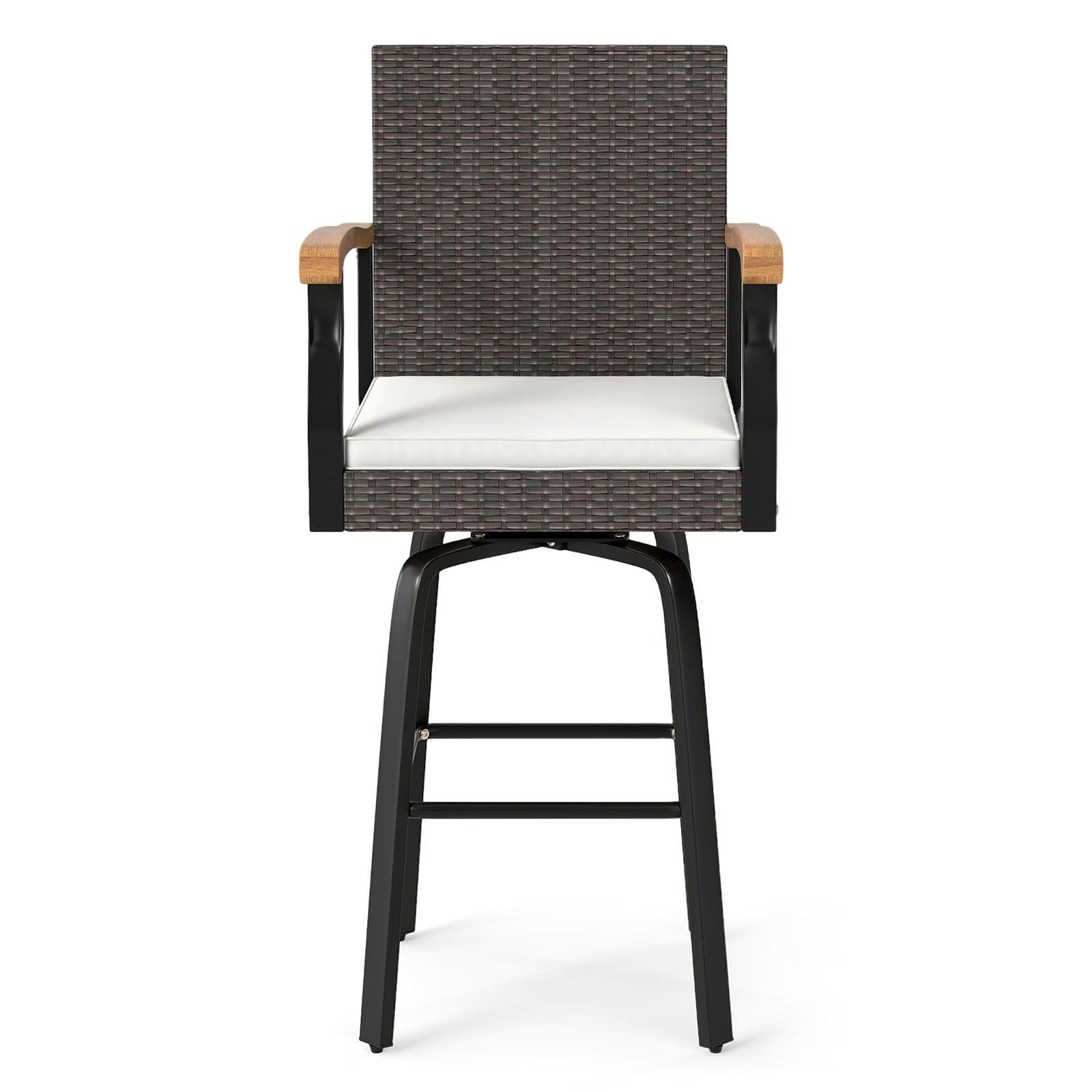 Set of 4 Outdoor 360¬∞ Swivel Bar Stool with Cushion and Acacia Wood Armrests