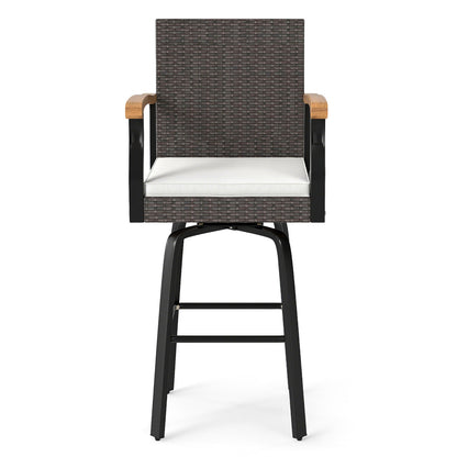 Set of 4 Outdoor 360¬∞ Swivel Bar Stool with Cushion and Acacia Wood Armrests