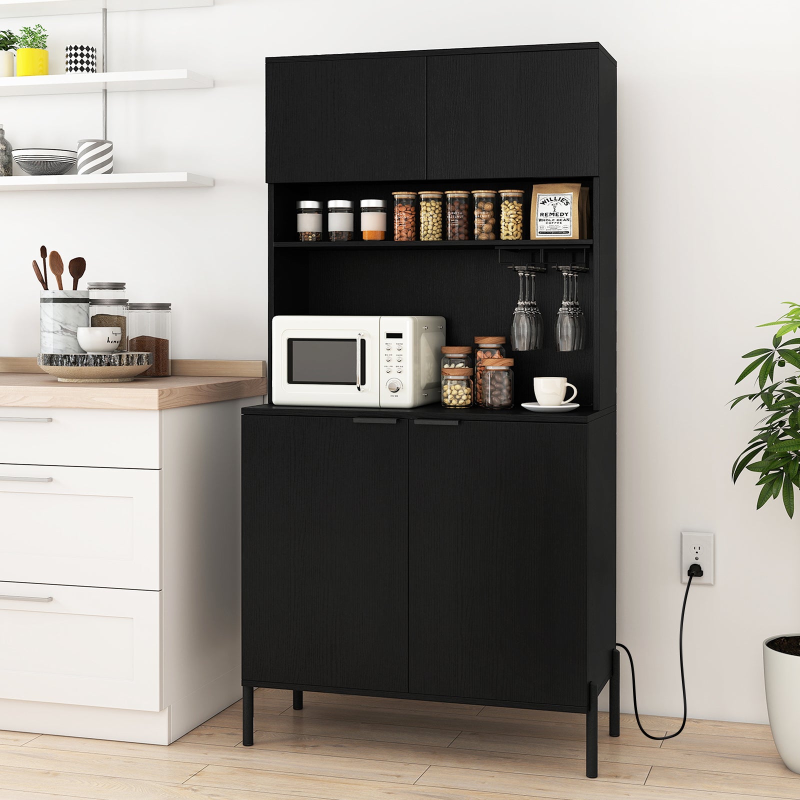 64.5 Inches Tall Kitchen Pantry Cabinet with Charging Station and Wine Glass Rack-Black