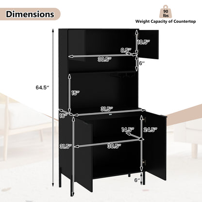 64.5 Inches Tall Kitchen Pantry Cabinet with Charging Station and Wine Glass Rack-Black
