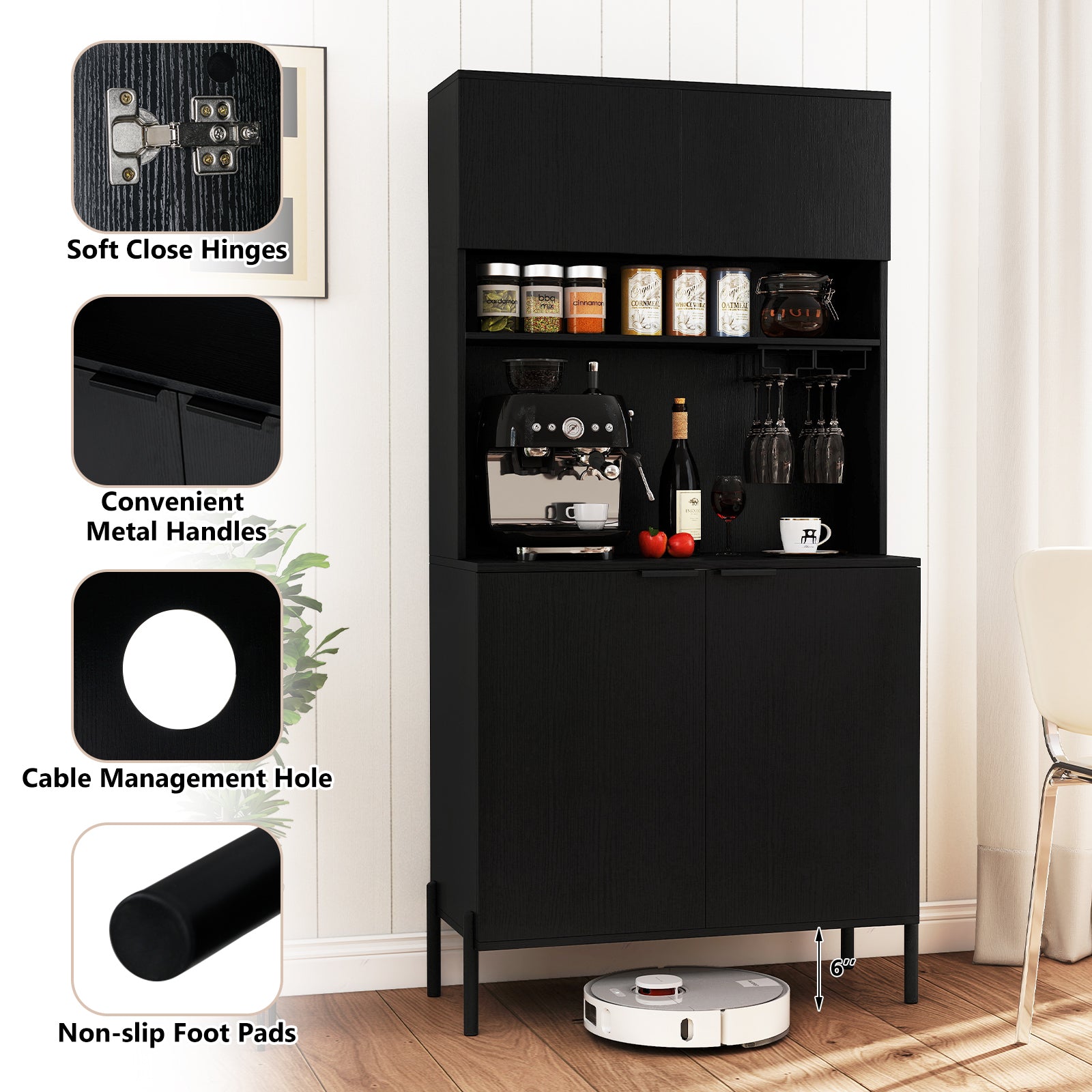64.5 Inches Tall Kitchen Pantry Cabinet with Charging Station and Wine Glass Rack-Black
