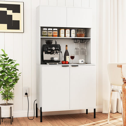 64.5 Inches Tall Kitchen Pantry Cabinet with Charging Station and Wine Glass Rack-White