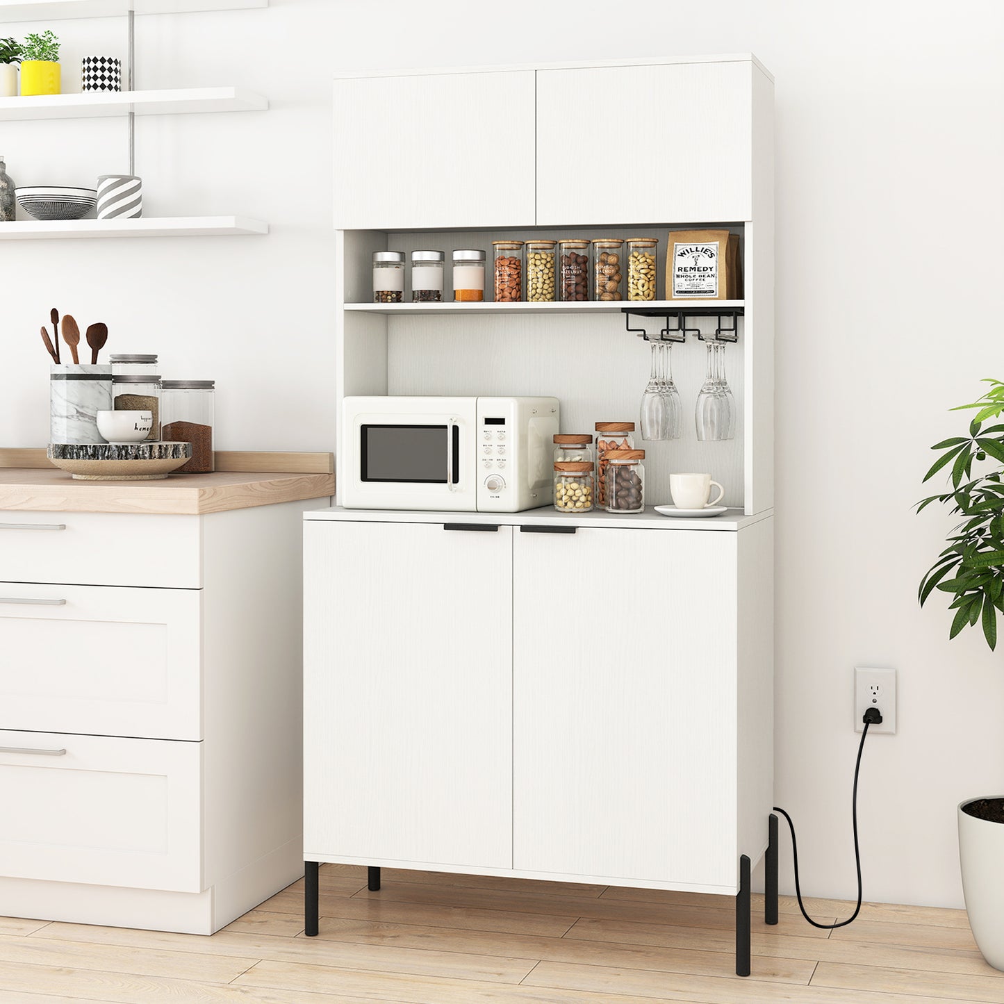 64.5 Inches Tall Kitchen Pantry Cabinet with Charging Station and Wine Glass Rack-White