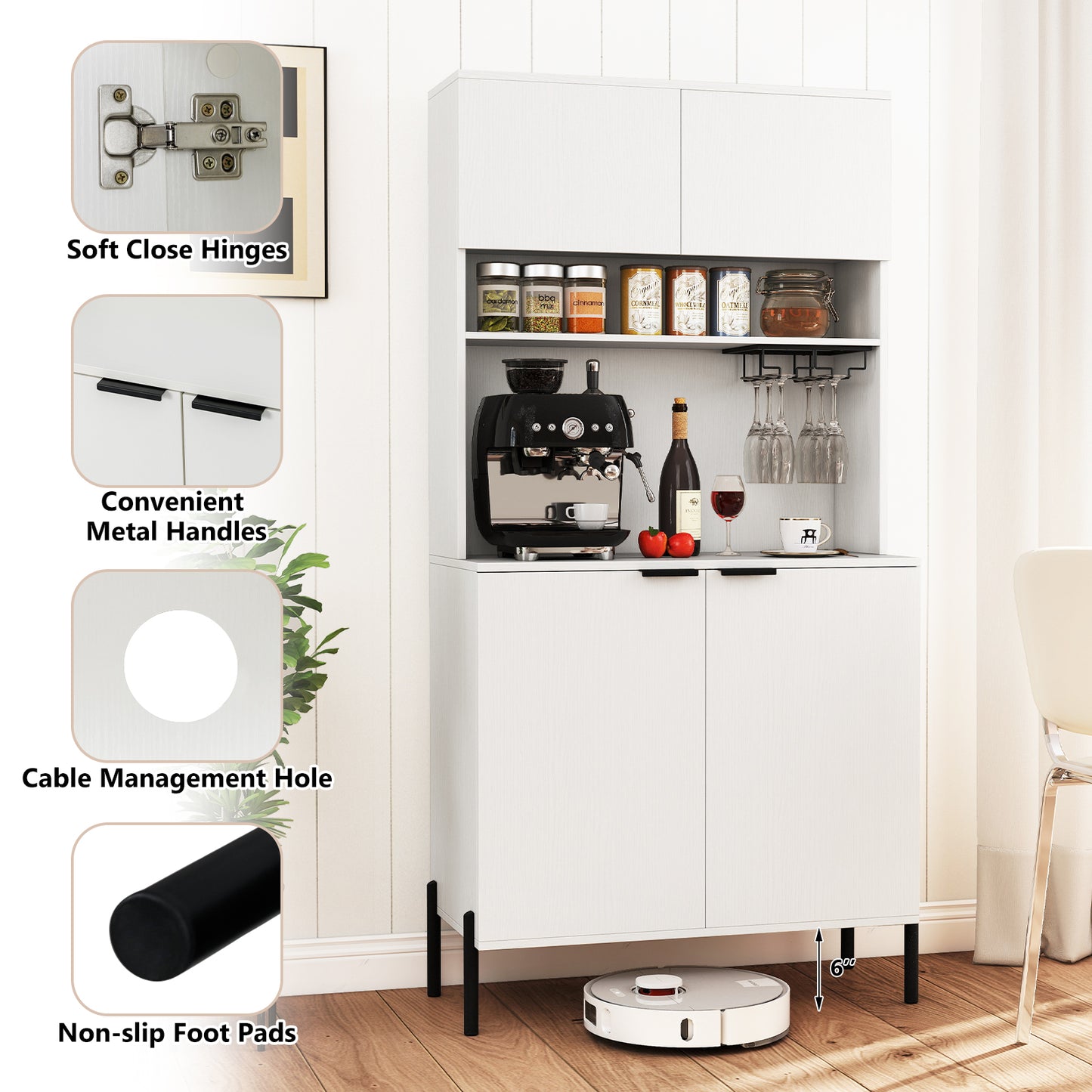 64.5 Inches Tall Kitchen Pantry Cabinet with Charging Station and Wine Glass Rack-White