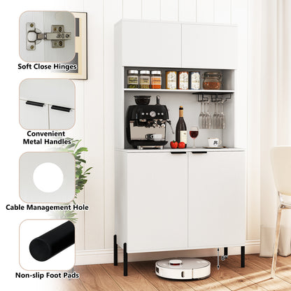 64.5 Inches Tall Kitchen Pantry Cabinet with Charging Station and Wine Glass Rack-White