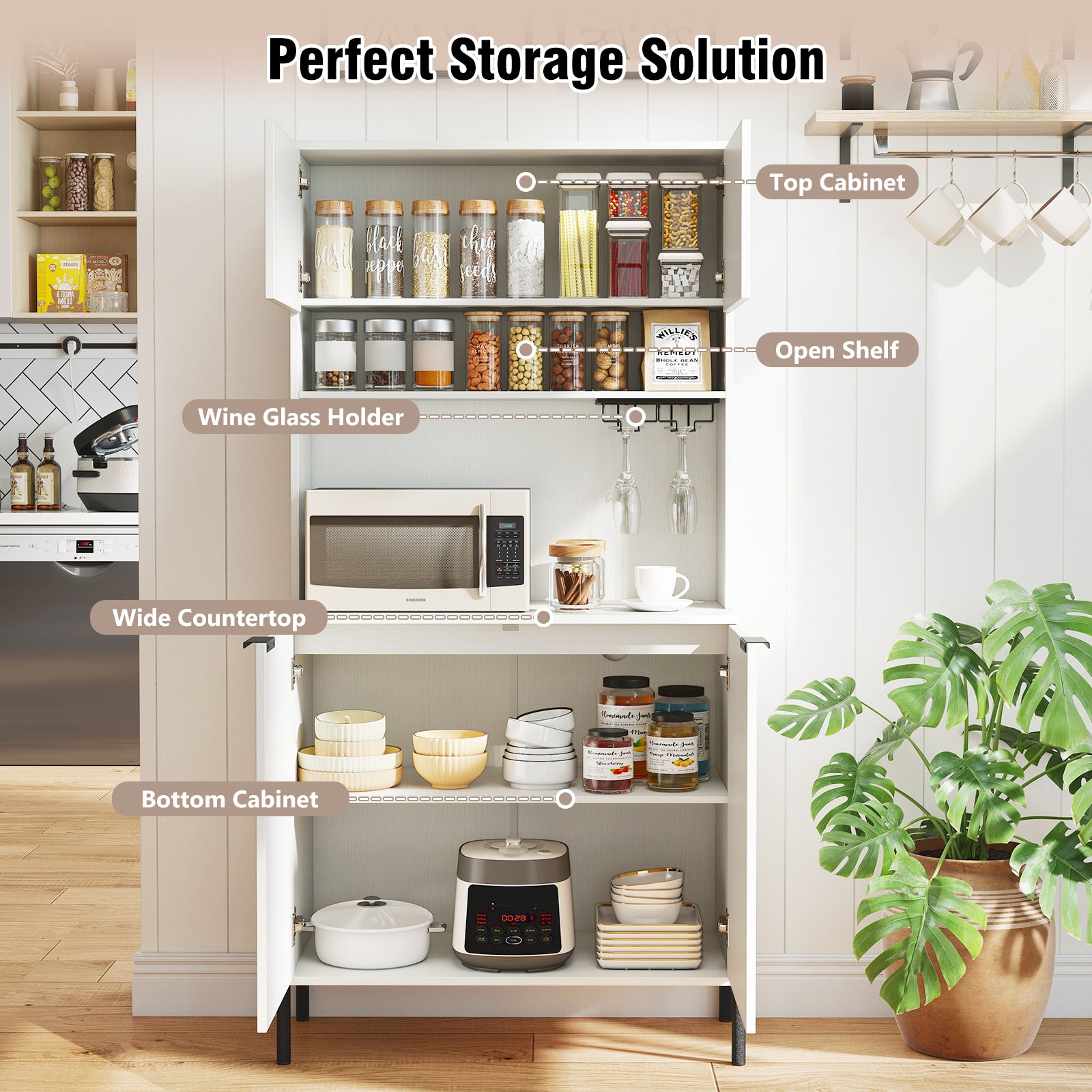 64.5 Inches Tall Kitchen Pantry Cabinet with Charging Station and Wine Glass Rack-White