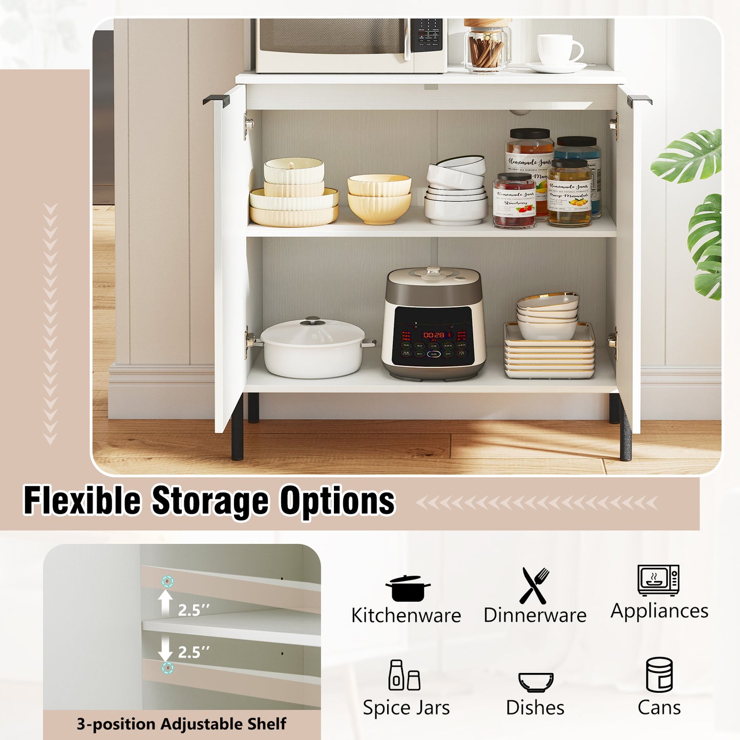 64.5 Inches Tall Kitchen Pantry Cabinet with Charging Station and Wine Glass Rack-White